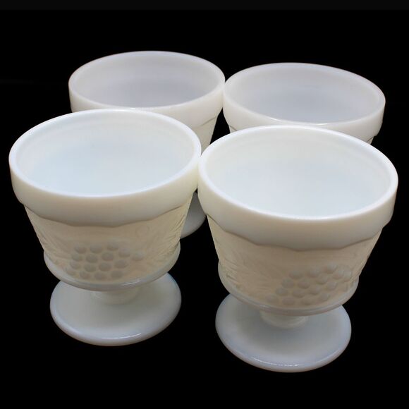 Vintage Anchor Hocking Milk Glass Dessert Cups Harvest Grape & Leaf Pattern (4) - Picture 2 of 6